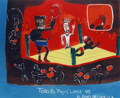 Toño el Frijol Lopez vs el rayo de Cholula - Huile sur toile - 120 x 150 cm 1998 - Christophe Ducoin alias el Chuzpo artiste peintre Toulouse