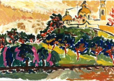 The Pyramid of Cholula Viewed from the Railway. Oil on mounted cardboard. 1995 - El Chuzpo, painter based in Toulouse